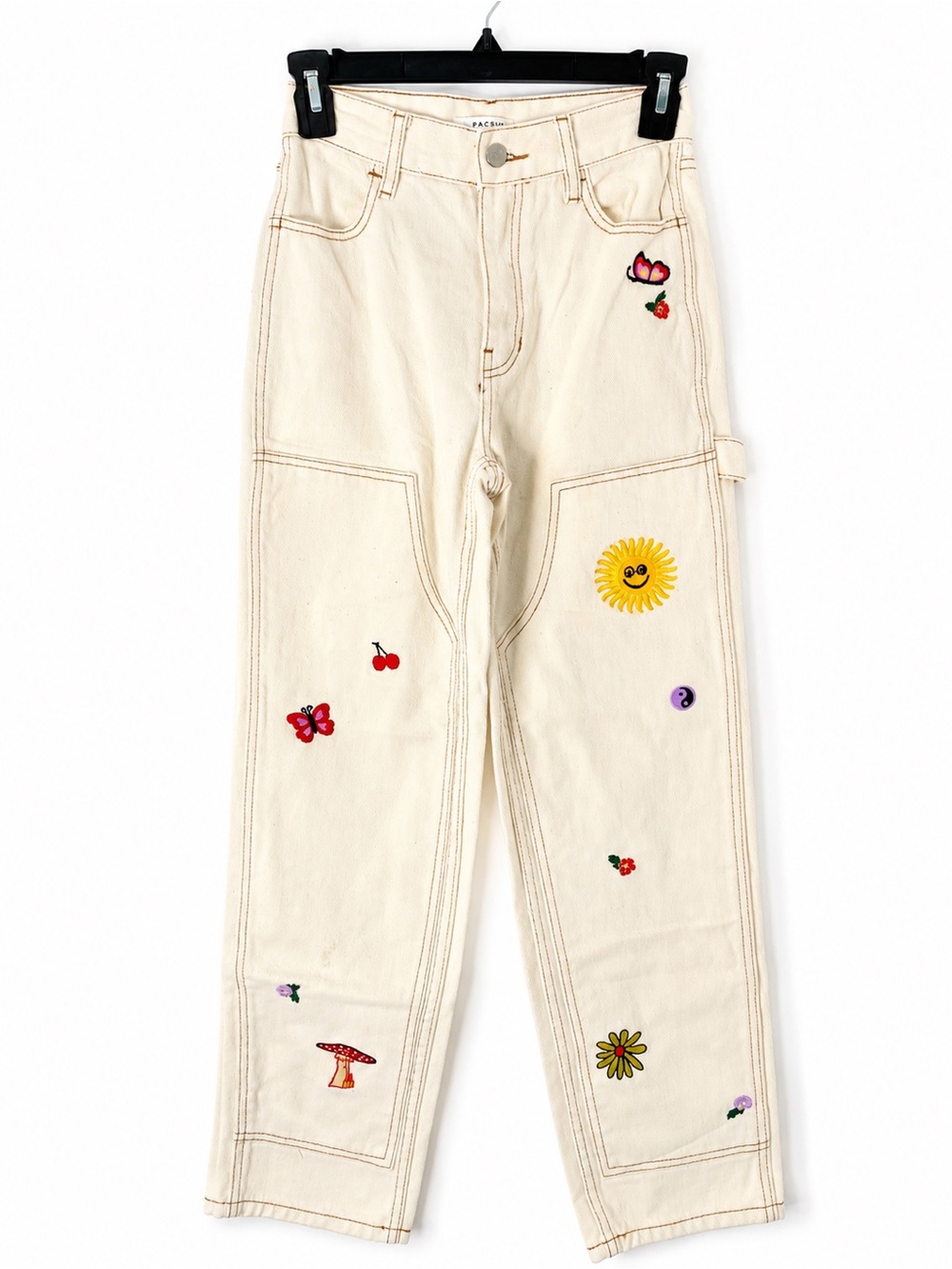 PacSun Embroidered Cream Cargo Carpenter Jean Floral Butterfly Y2K Wide Leg Pant